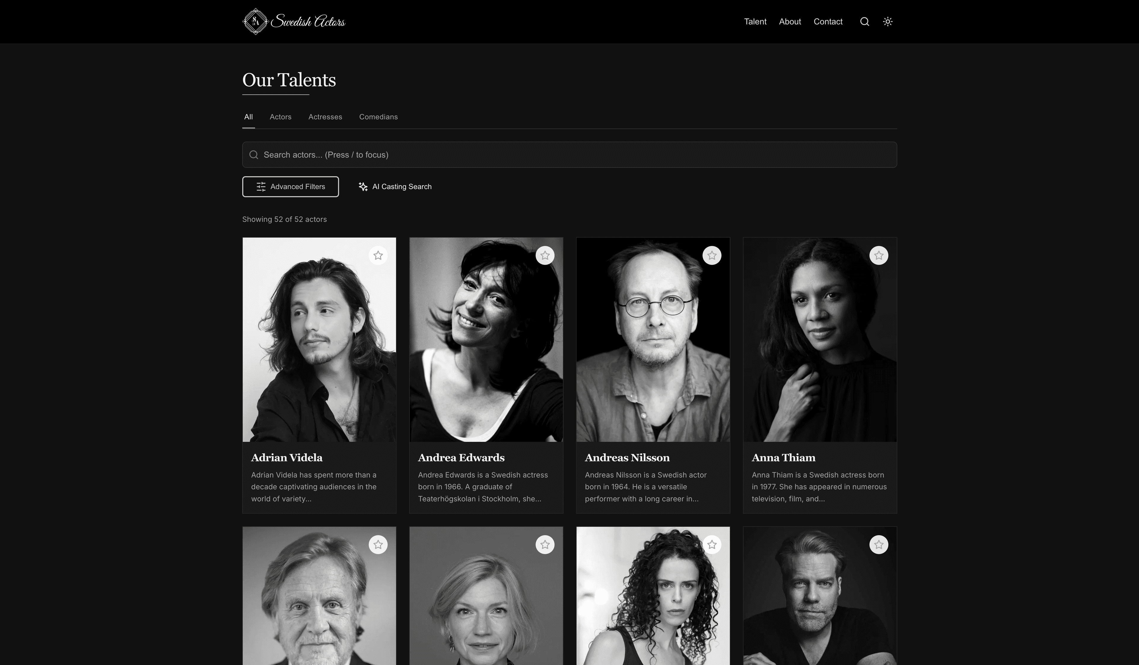 Swedish Actors AI Casting Intelligence interface